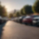 A driveway filled with various parked vehicles showcasing diversity in car ownership.