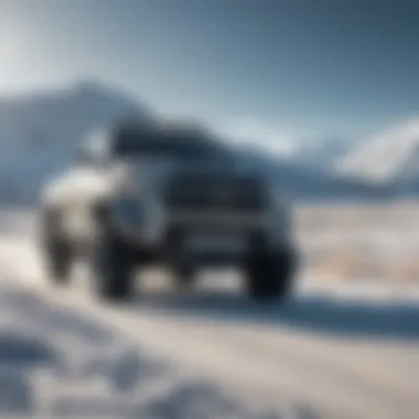 Tundra Vehicle Against a Scenic Backdrop A tundra vehicle parked against a scenic icy backdrop