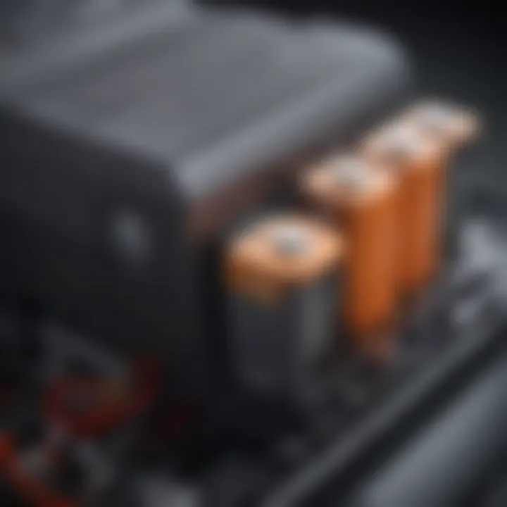 Close-up of an electric vehicle battery pack showcasing its intricate design and components