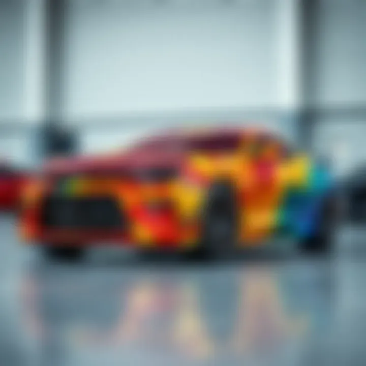 A coupe covered in a vibrant vehicle wrap