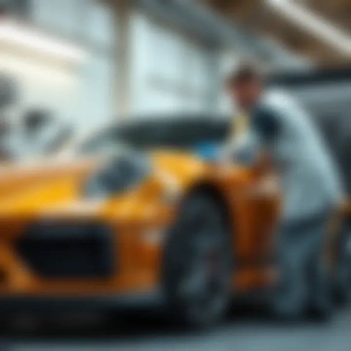 A professional applying vinyl wrap to a coupe