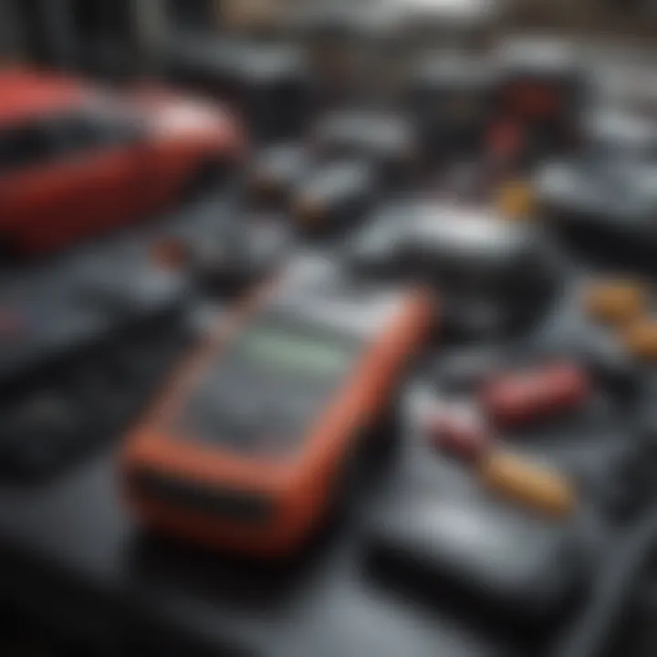 A diverse array of OBD diagnostic tools laid out on a workbench