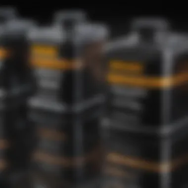 A close-up of different engine oil types showcasing viscosity ratings and labels