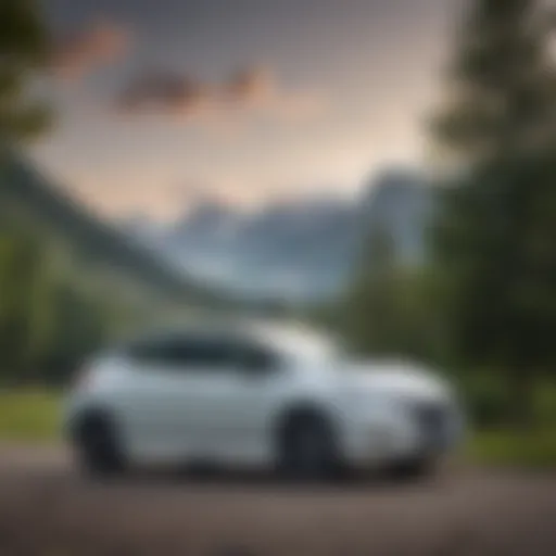 Nissan Leaf parked in a scenic landscape with mountains in the background