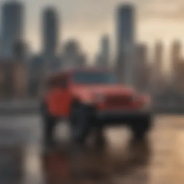 Wrangler XE parked with a city skyline in the background